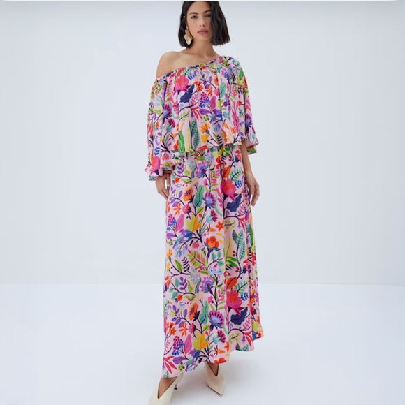 Nordstrom Raishma Adela Tropical Floral Off The Shoulder Bardot Midi Maxi Dress - Picture 1 of 13